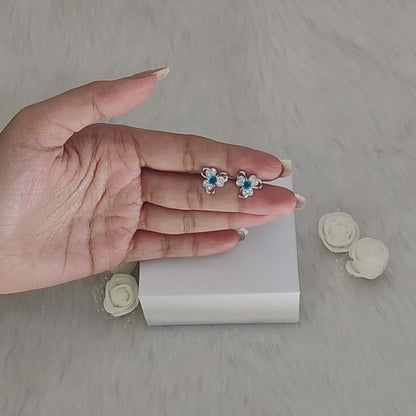 Silver Aqua Blue Flower Earrings