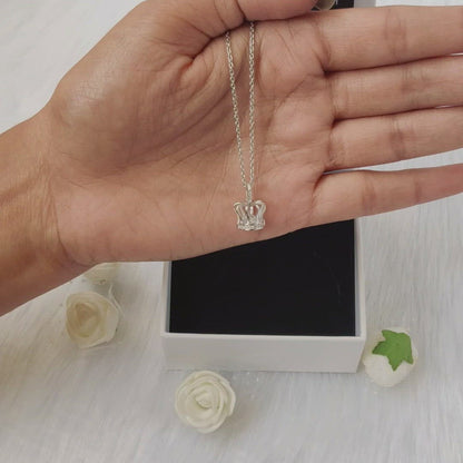 Silver Zircon Queen's Crown Pendant with Link Chain