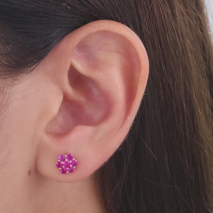 Rose Gold Magenta Flower Stud Earrings
