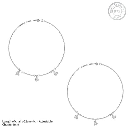 Silver Dangling Triple Heart Charm Anklet