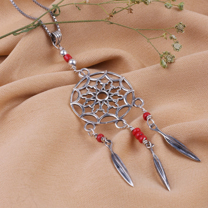Oxidised Silver Red Dreamcatcher Pendant with Box Chain