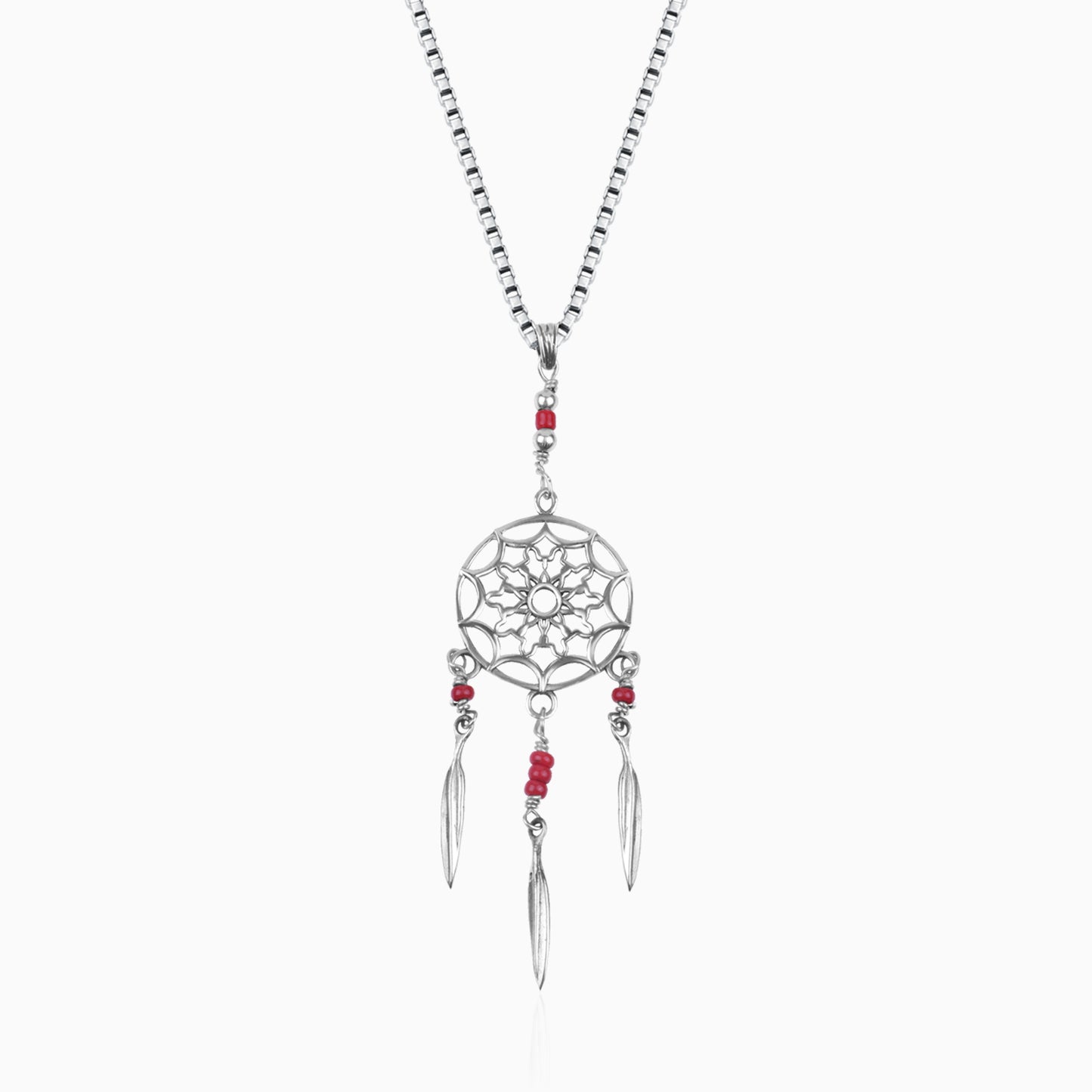 Oxidised Silver Red Dreamcatcher Pendant with Box Chain