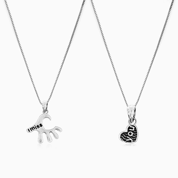 Oxidised Silver ‘I Miss You’ Couple Pendant with Box Chain