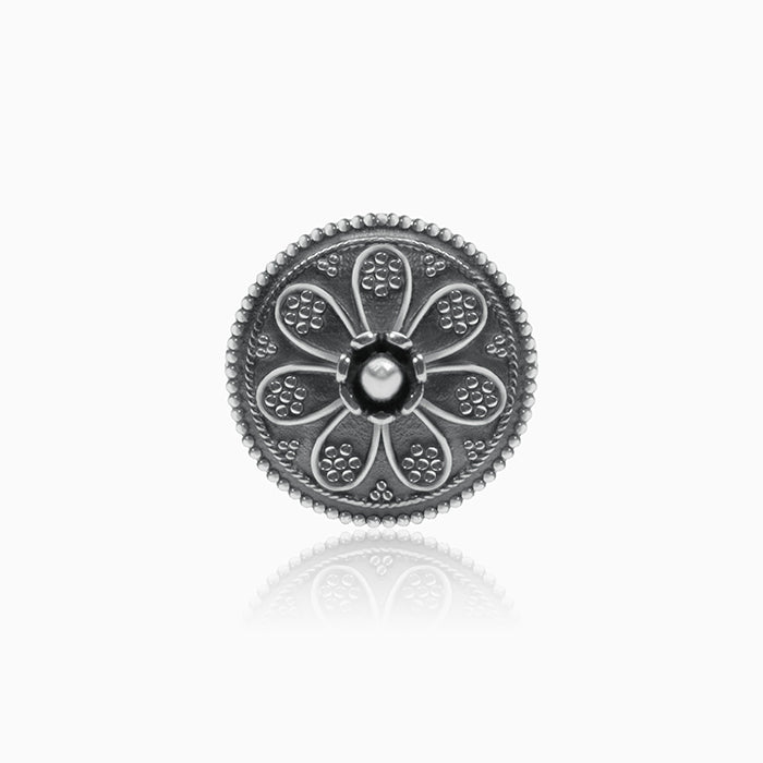 Oxidised Silver Flower Shield Ring