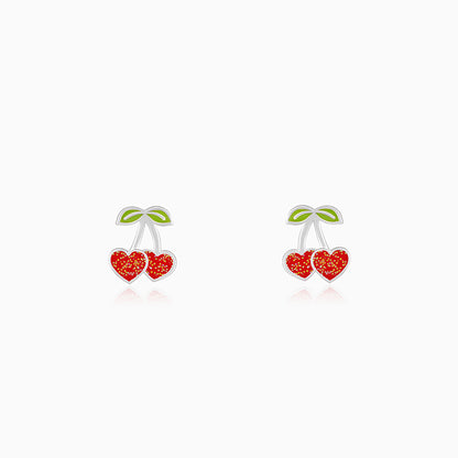 Silver Red Heart Cherry Kids Earrings