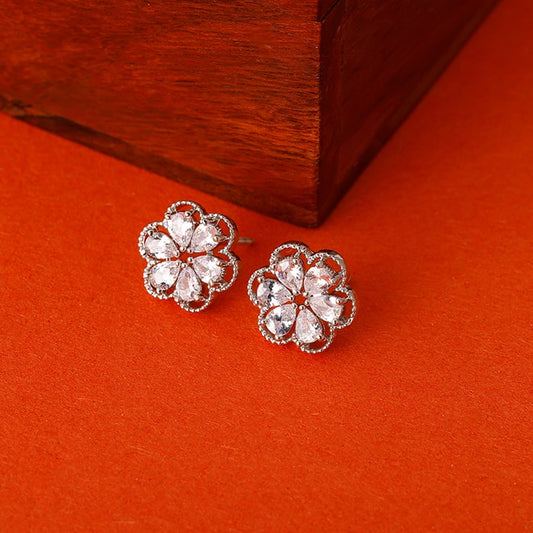 Silver Zircon Embellished Flower Earrings