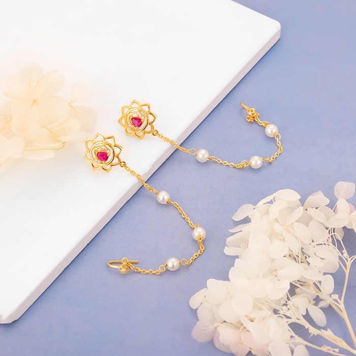 Golden Lotus Pearl Earrings