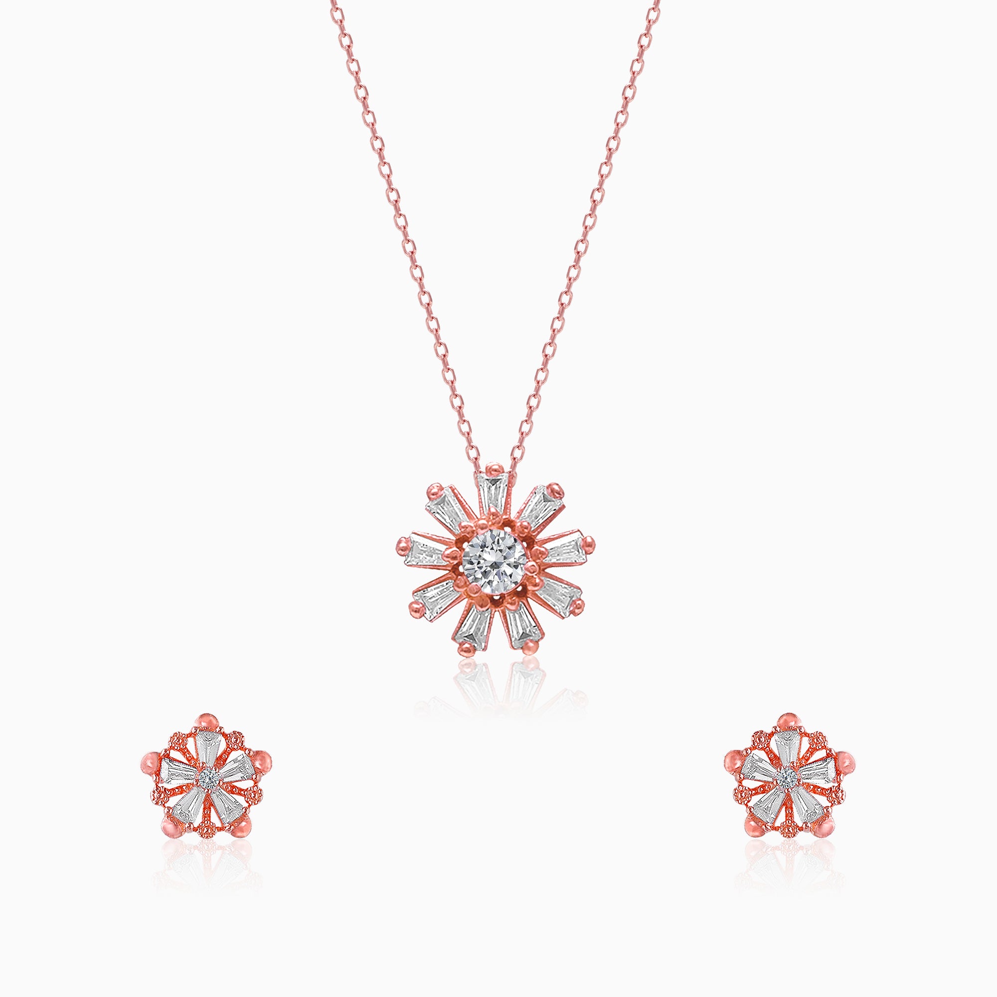 Rose Gold Baguette Flower Set with Link Chain - Image 1