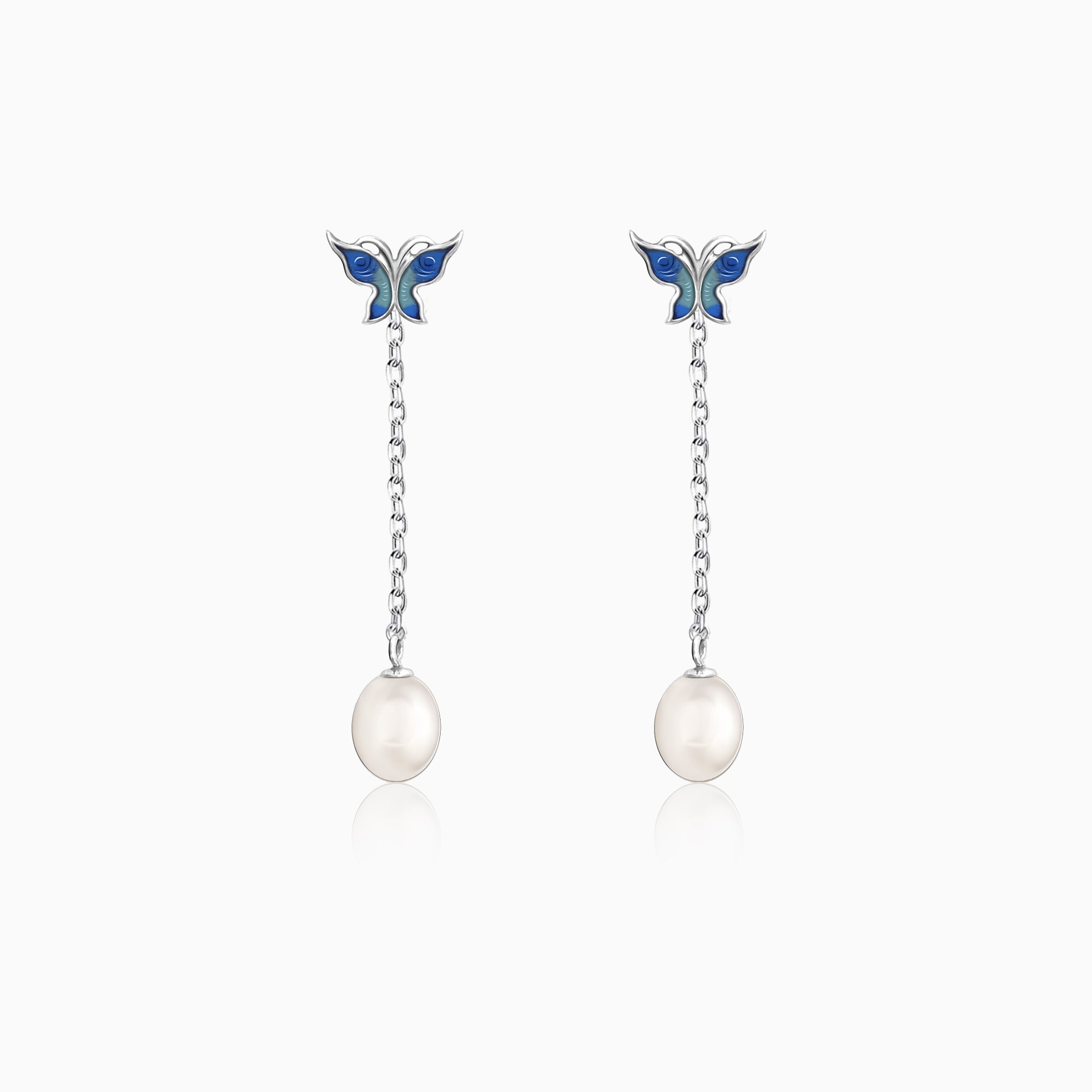 Silver Butterfly Pearl Dangle Earrings - Image 1
