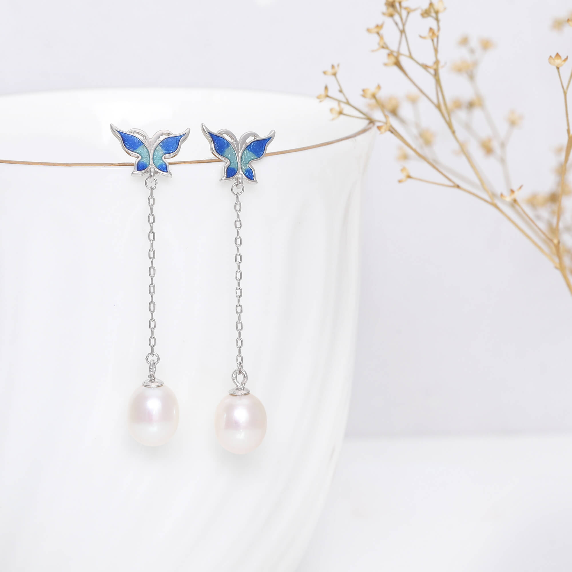 Silver Butterfly Pearl Dangle Earrings - view 2