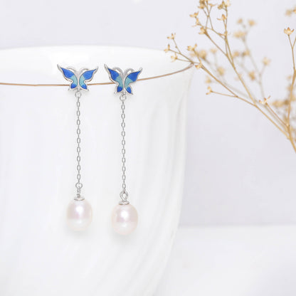 Silver Butterfly Pearl Dangle Earrings