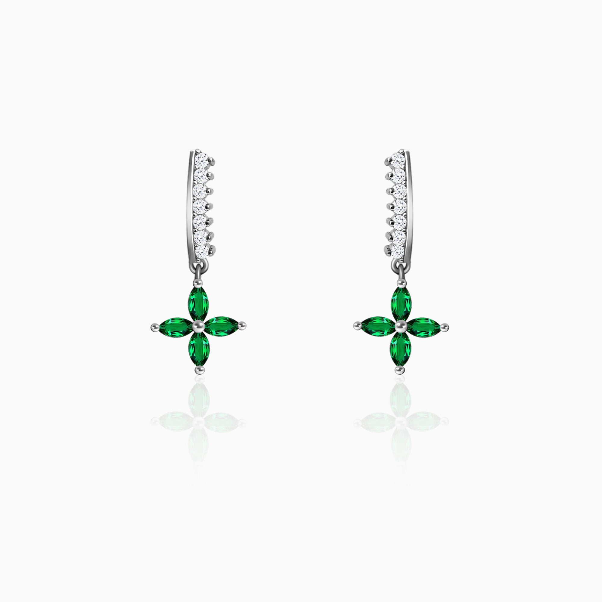Silver Emerald Green Flower Earrings - Image 1