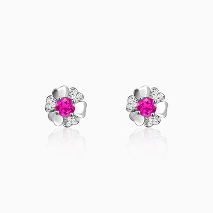 Silver Hot Pink Blooming Flower Earrings