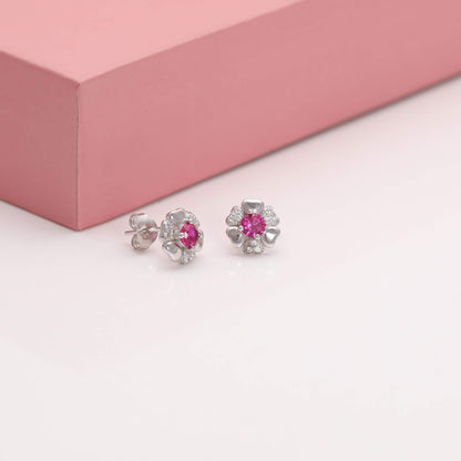 Silver Hot Pink Blooming Flower Earrings