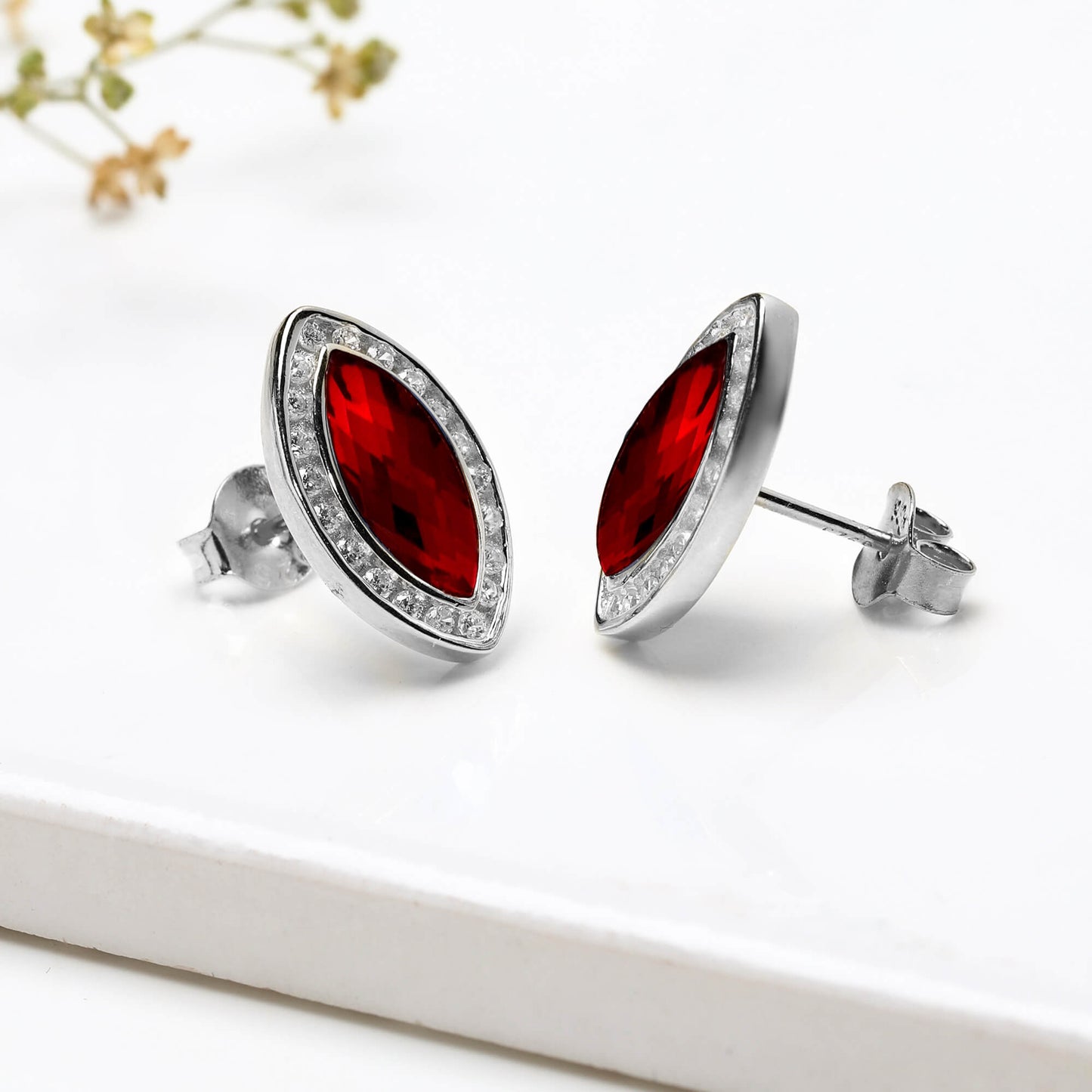 Silver Ruby Red Marquise Earrings