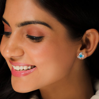 Silver Aqua Blue Flower Earrings