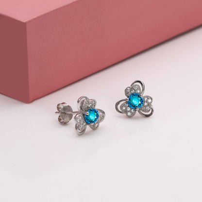 Silver Aqua Blue Flower Earrings