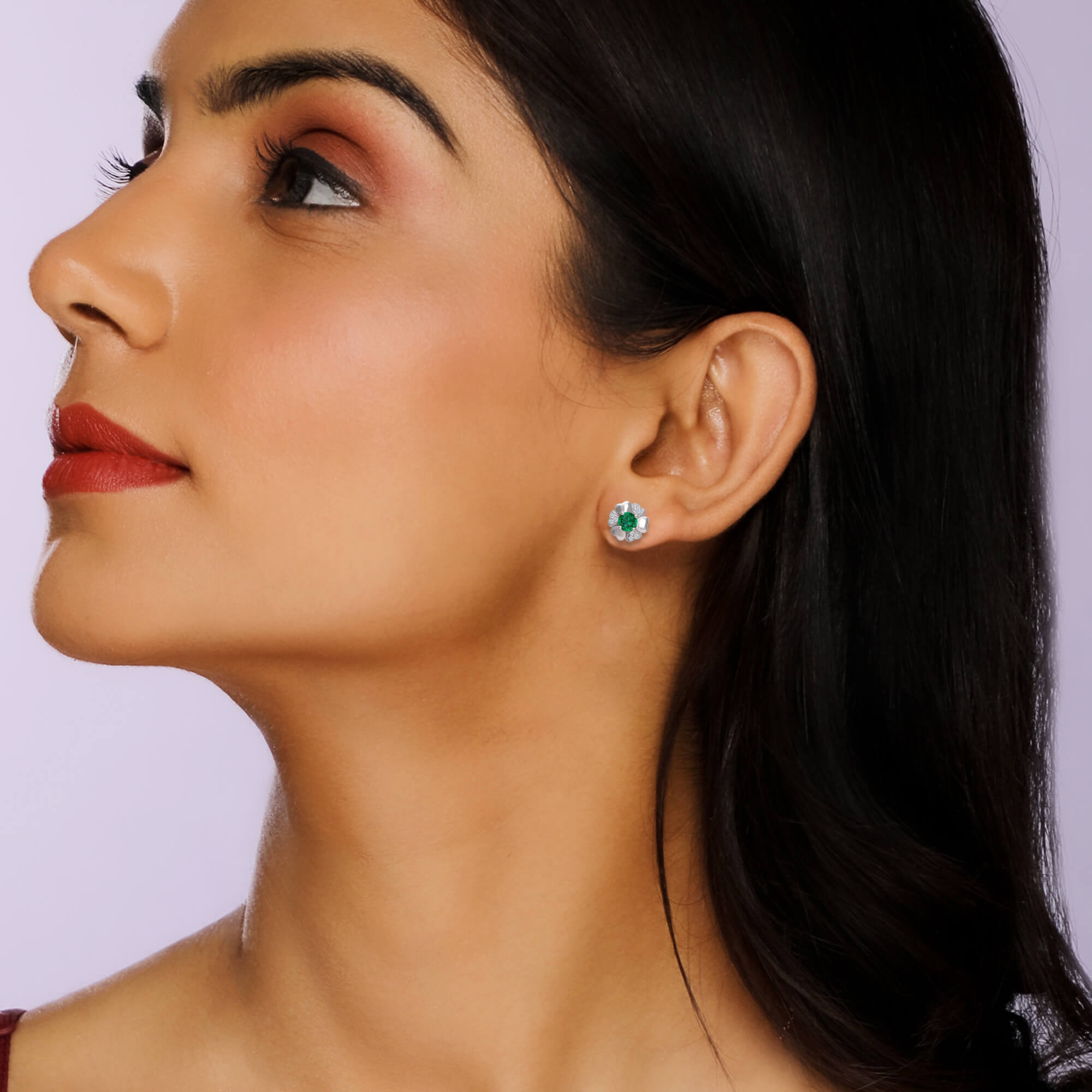 Silver Dark Green Flower Earrings - view 3