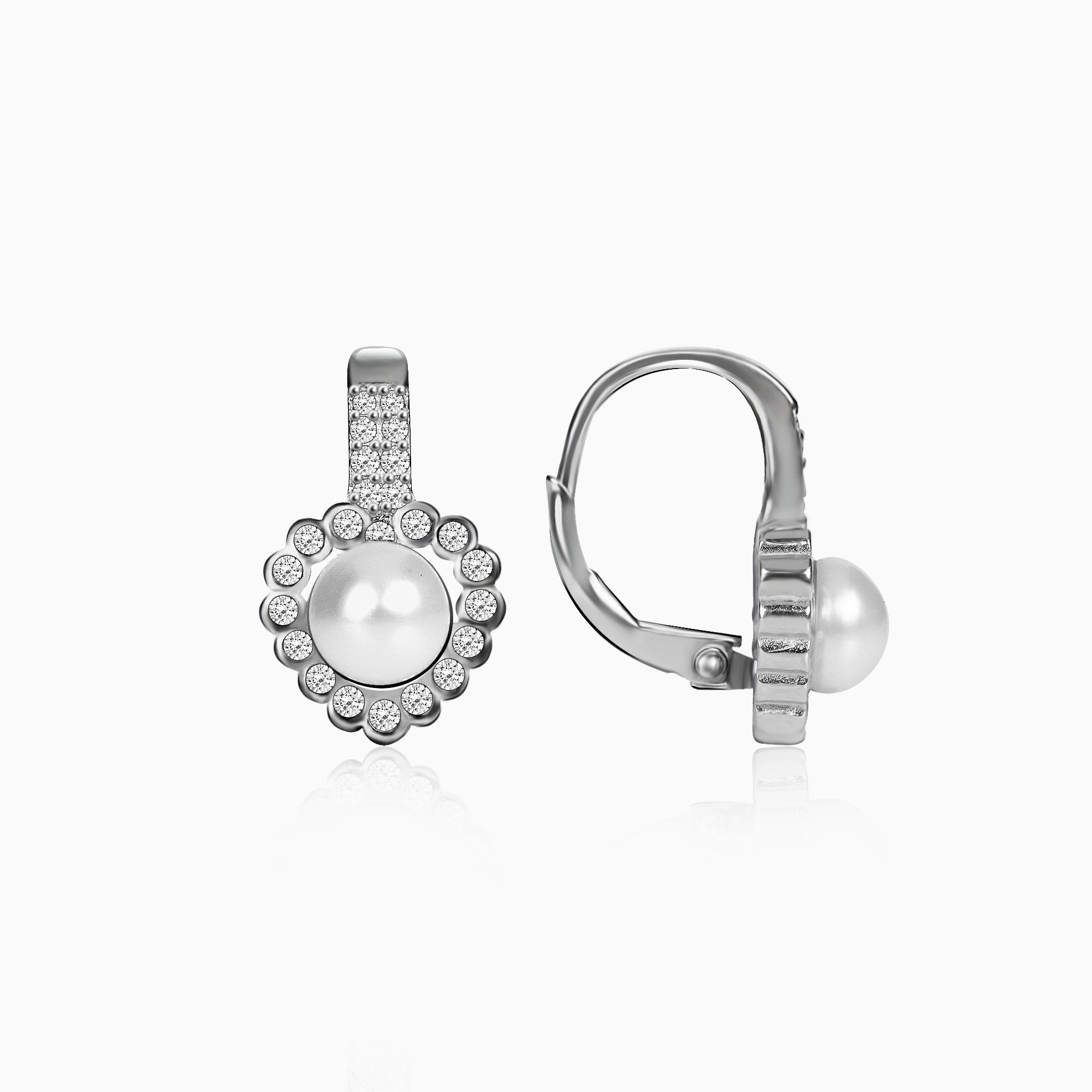 Silver Zircon Pearl Heart Earrings - Image 1