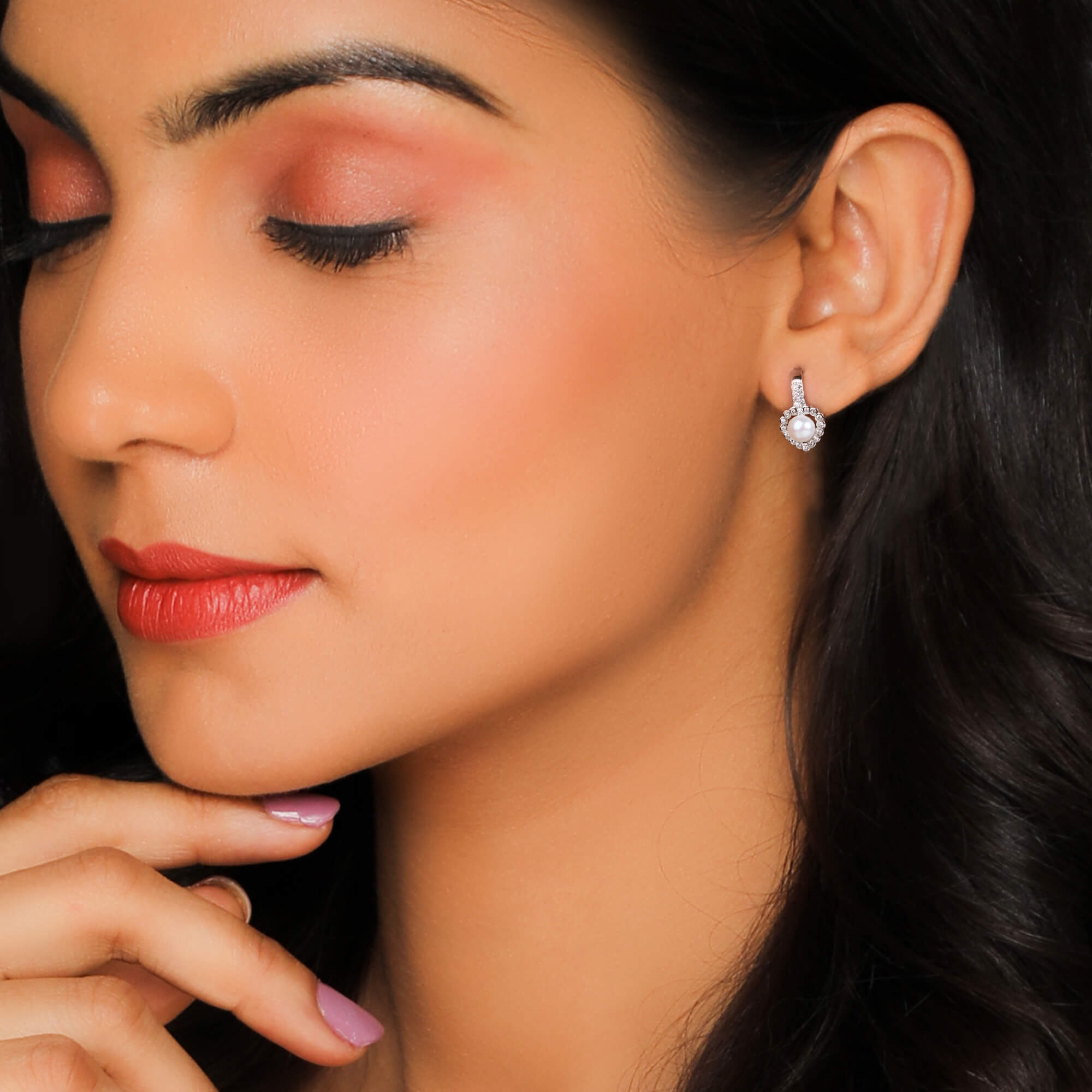 Silver Zircon Pearl Heart Earrings - view 2