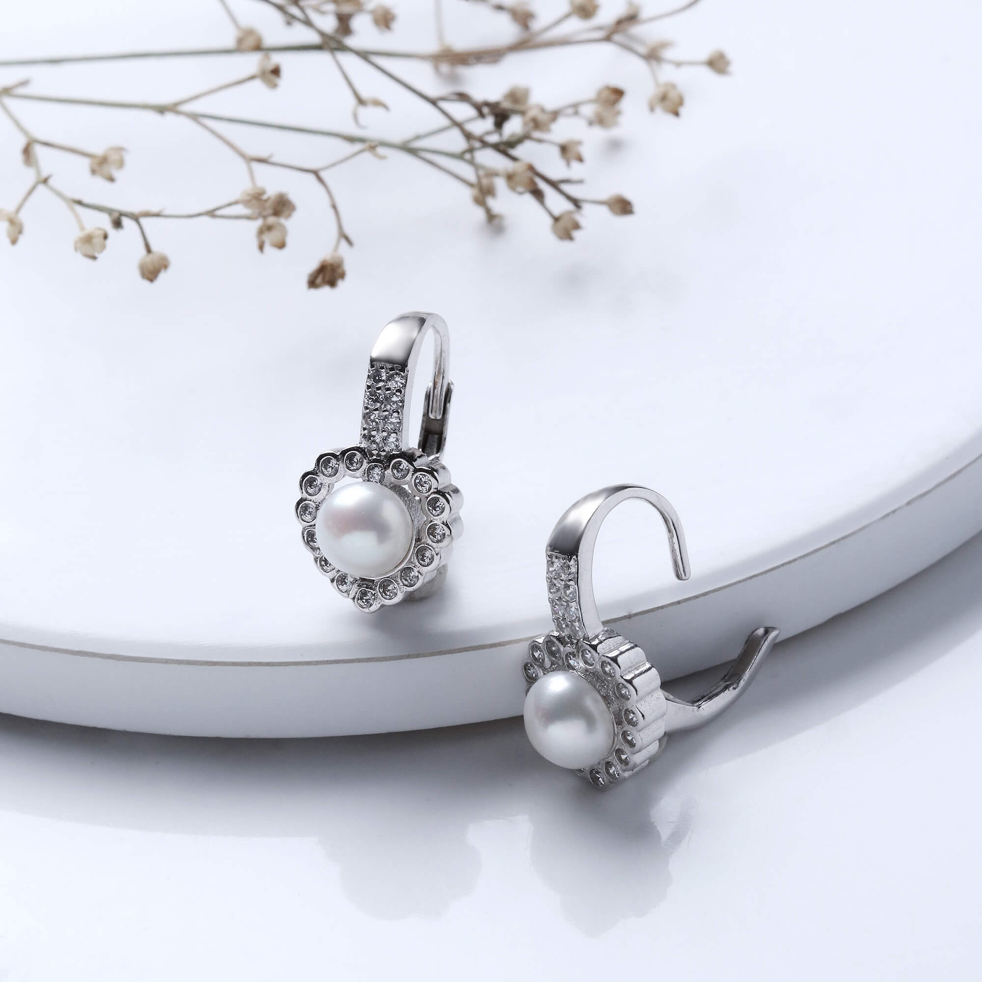 Silver Zircon Pearl Heart Earrings - view 3