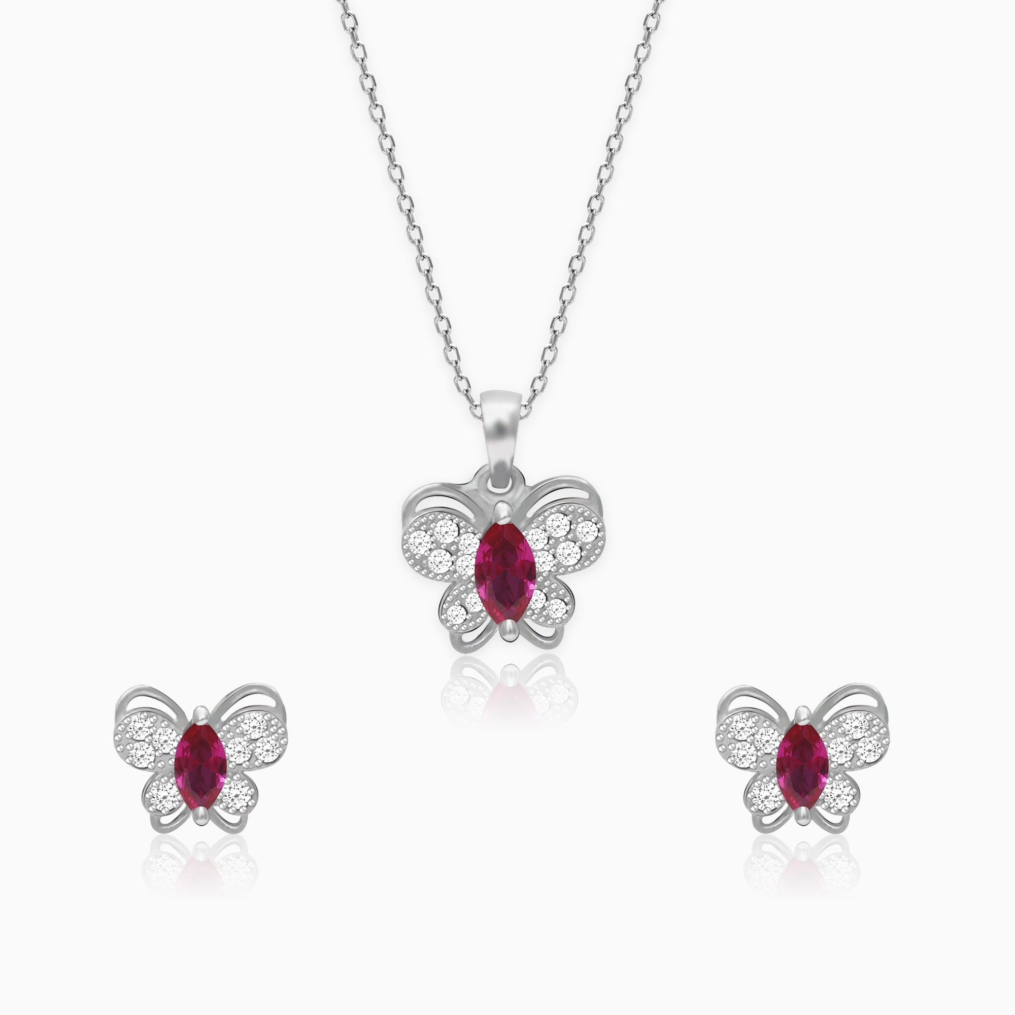 Silver Pop Pink Studded Butterfly Pendant Set - Image 1