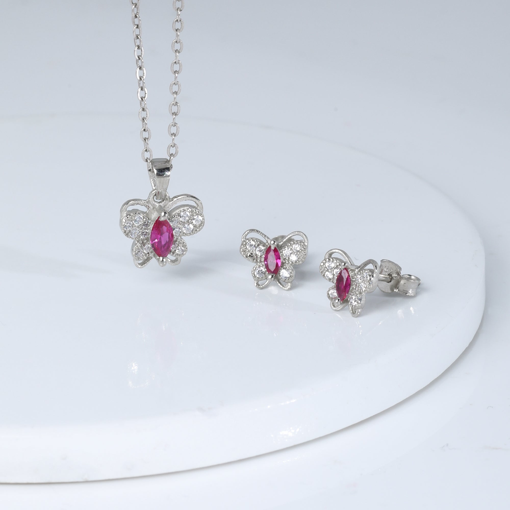 Silver Pop Pink Studded Butterfly Pendant Set - view 2