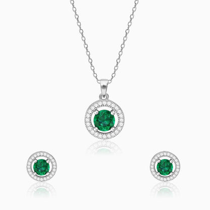 Silver Forest Green Shining Halo Pendant Set