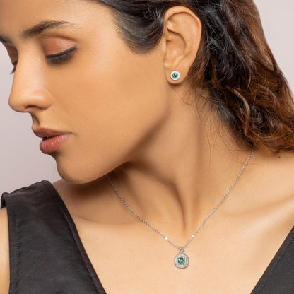 Silver Forest Green Shining Halo Pendant Set