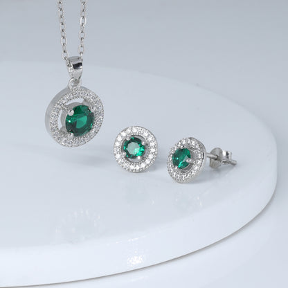 Silver Forest Green Shining Halo Pendant Set