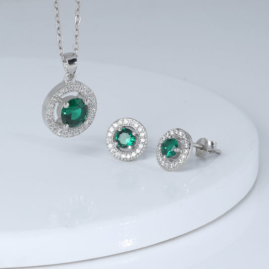 Silver Forest Green Shining Halo Pendant Set