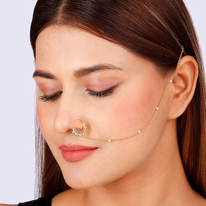 Golden Colourful Nose Ring with Chain