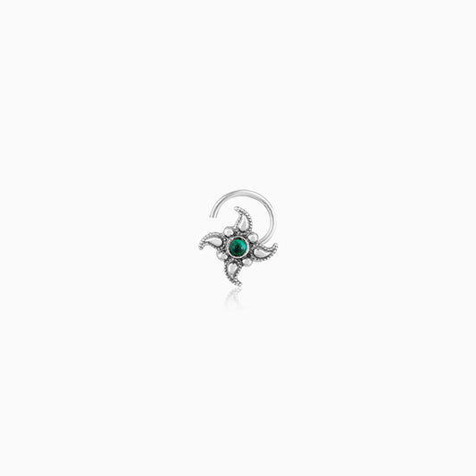 Oxidised Silver Floral Green Nose Pin