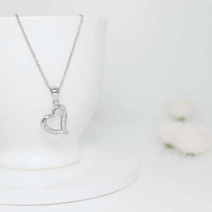 Silver Zircon Curve Heart Necklace with Link Chain