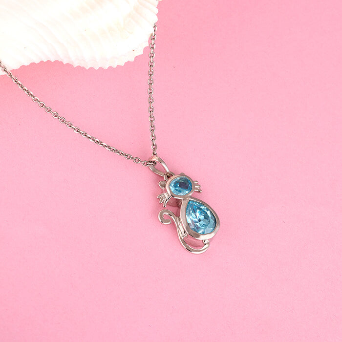 Silver Cat In Blue Pendant with Link Chain