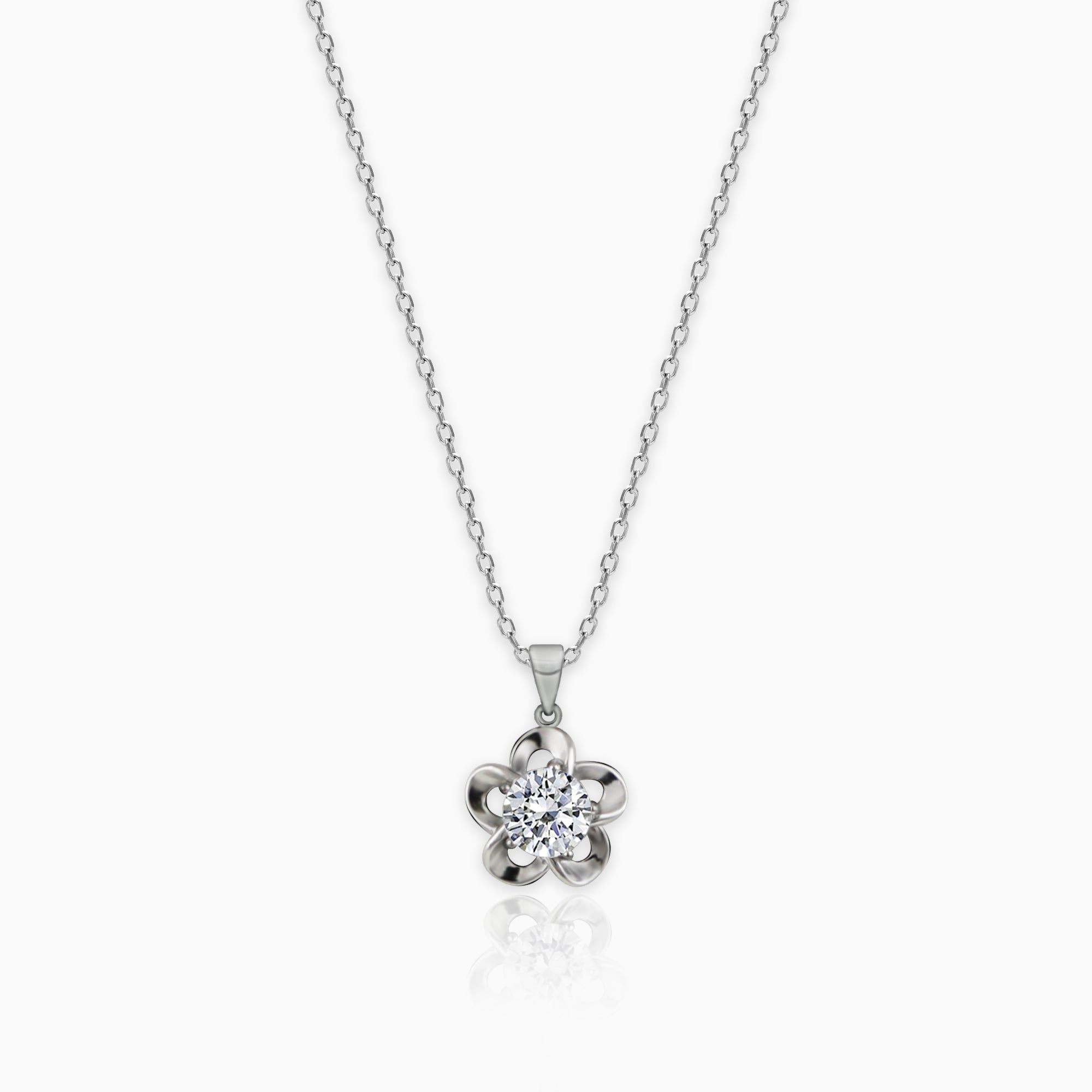 Silver Zircon Flower Pendant with Link Chain - Image 1