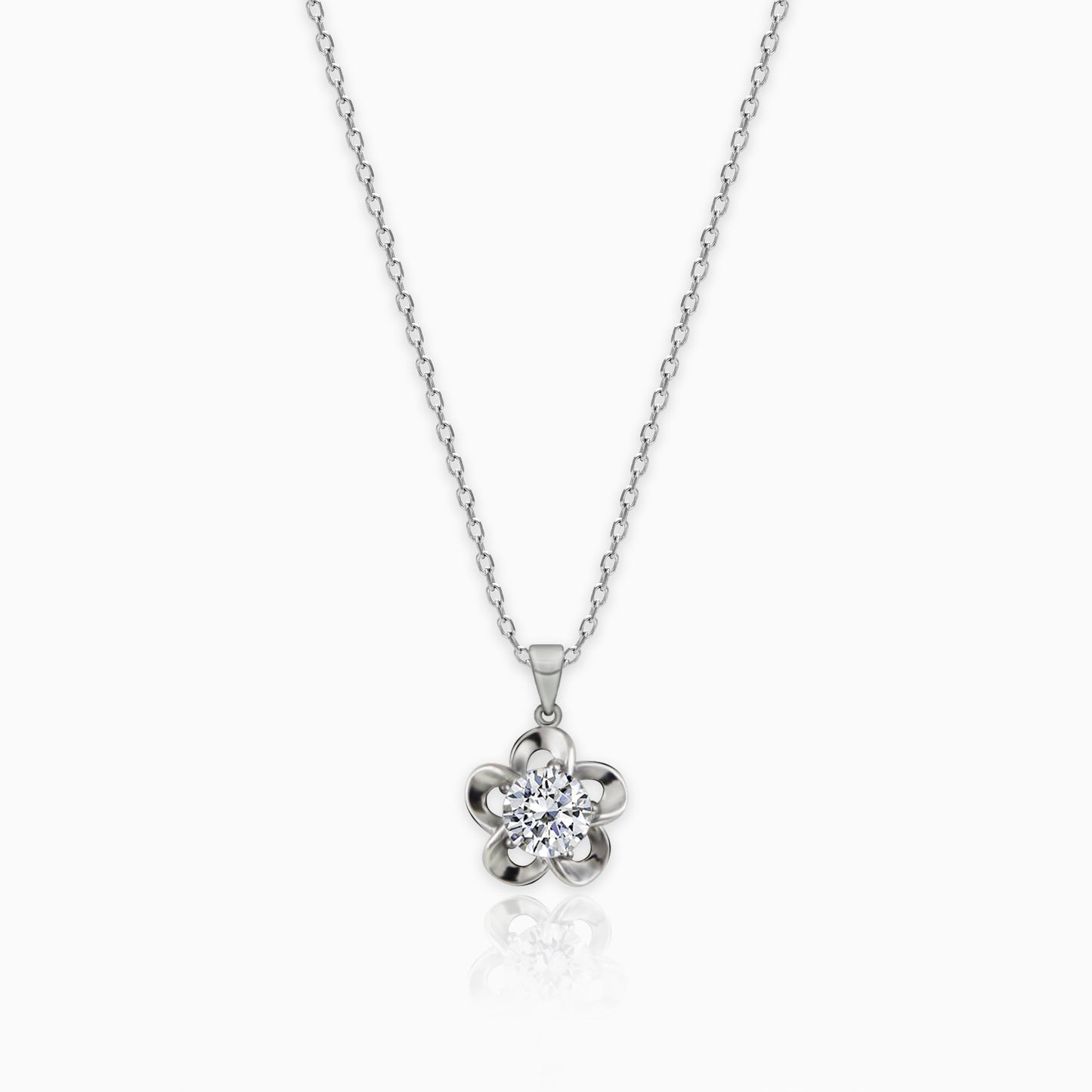 Silver Zircon Flower Pendant with Link Chain