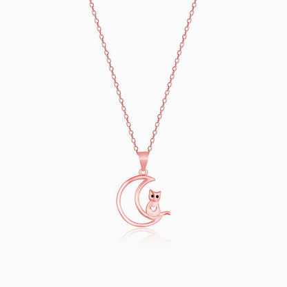 Rose Gold Cat In Crescent Moon Pendant with Link Chain