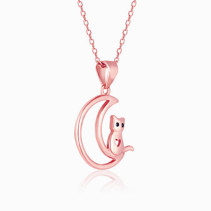 Rose Gold Cat In Crescent Moon Pendant with Link Chain