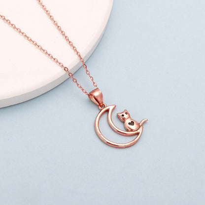 Rose Gold Cat In Crescent Moon Pendant with Link Chain