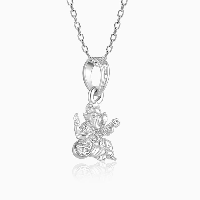 Silver Ganapati with Veena Pendant with Link Chain