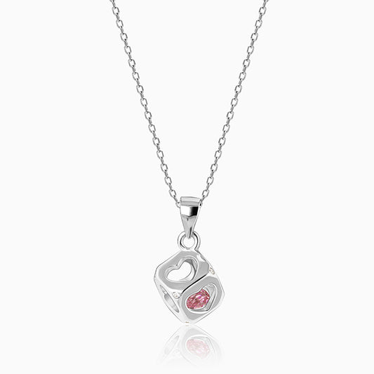 Cherry Pink Heart Cube Pendant with Link Chain