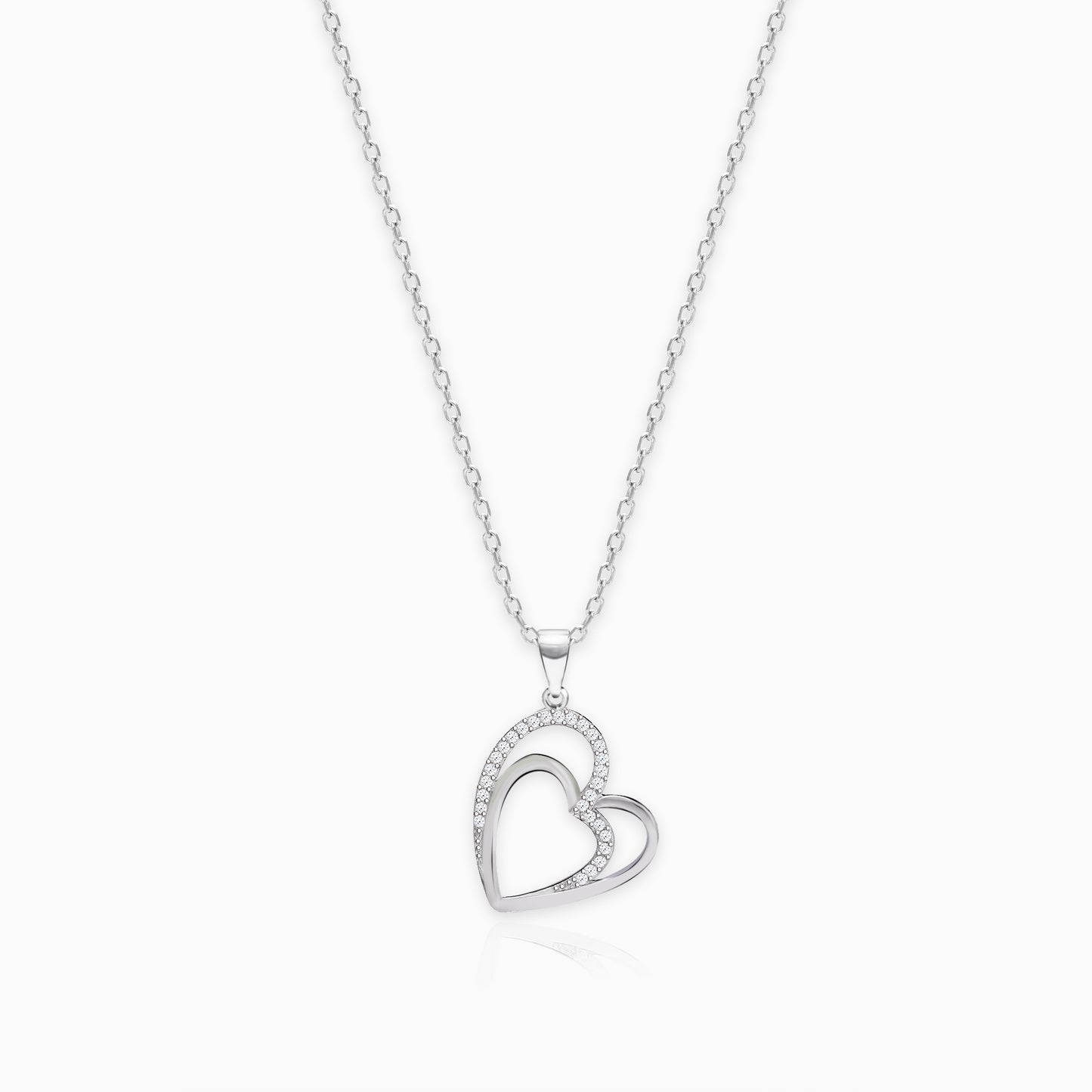 Silver Zircon Double Heart Pendant with Link Chain