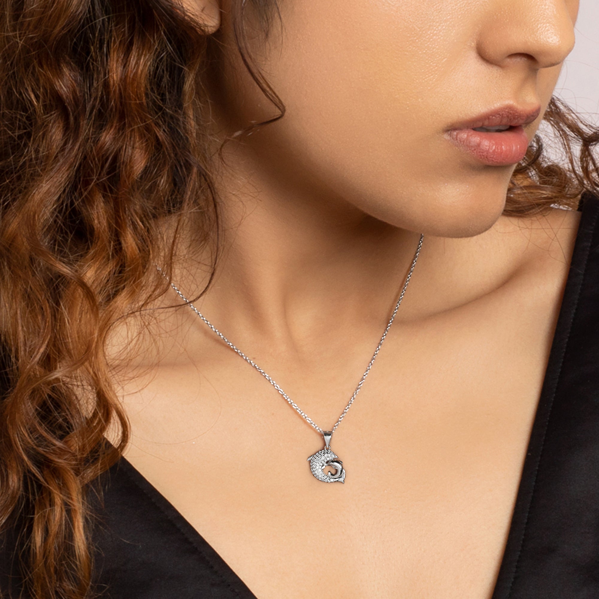 Silver Dual Dolphin Pendant with Link Chain - view 3