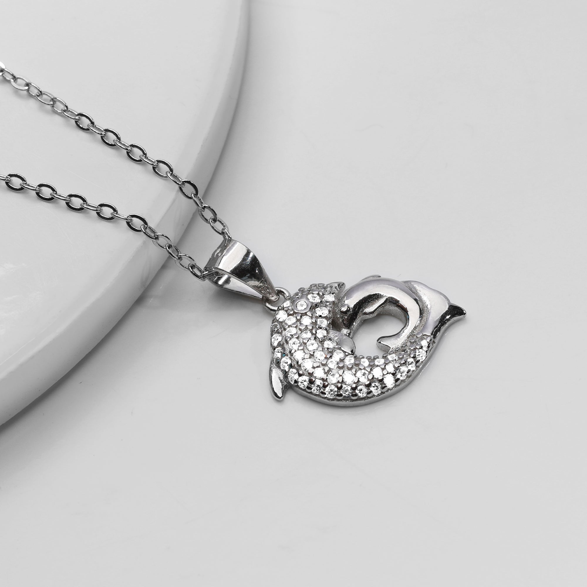 Silver Dual Dolphin Pendant with Link Chain - view 2