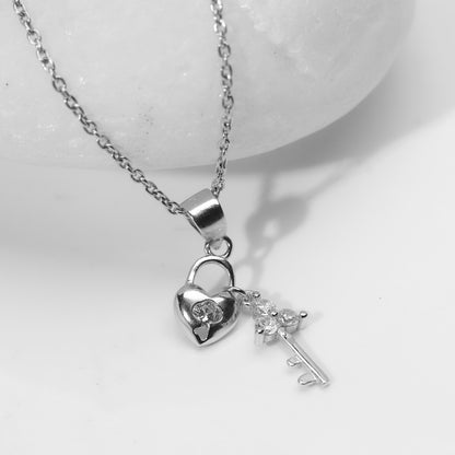 Silver Heart Lock Pendant with Link Chain