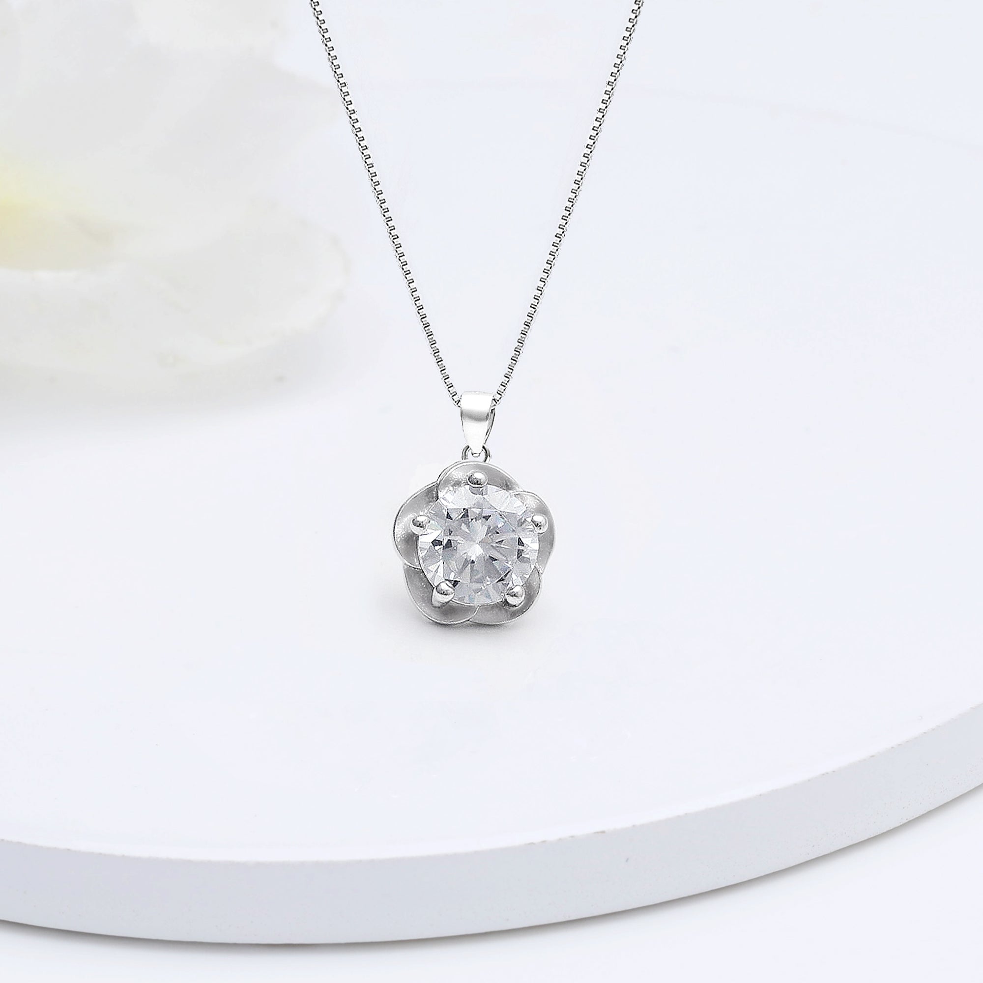 Silver Zircon Mini Flower Pendant with Box Chain - view 2