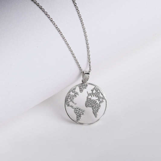 Silver Zircon World Pendant with Link Chain