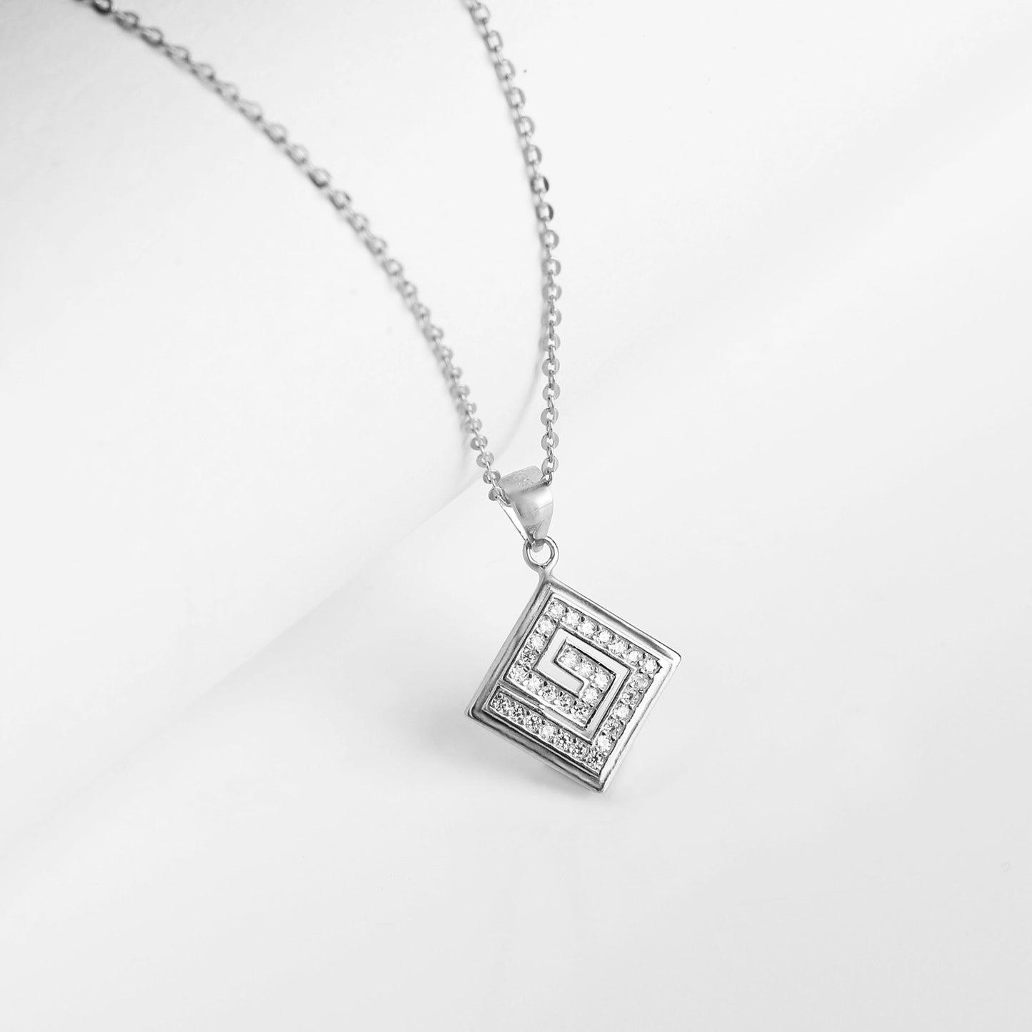 Silver Zircon Maze Pendant with Link Chain