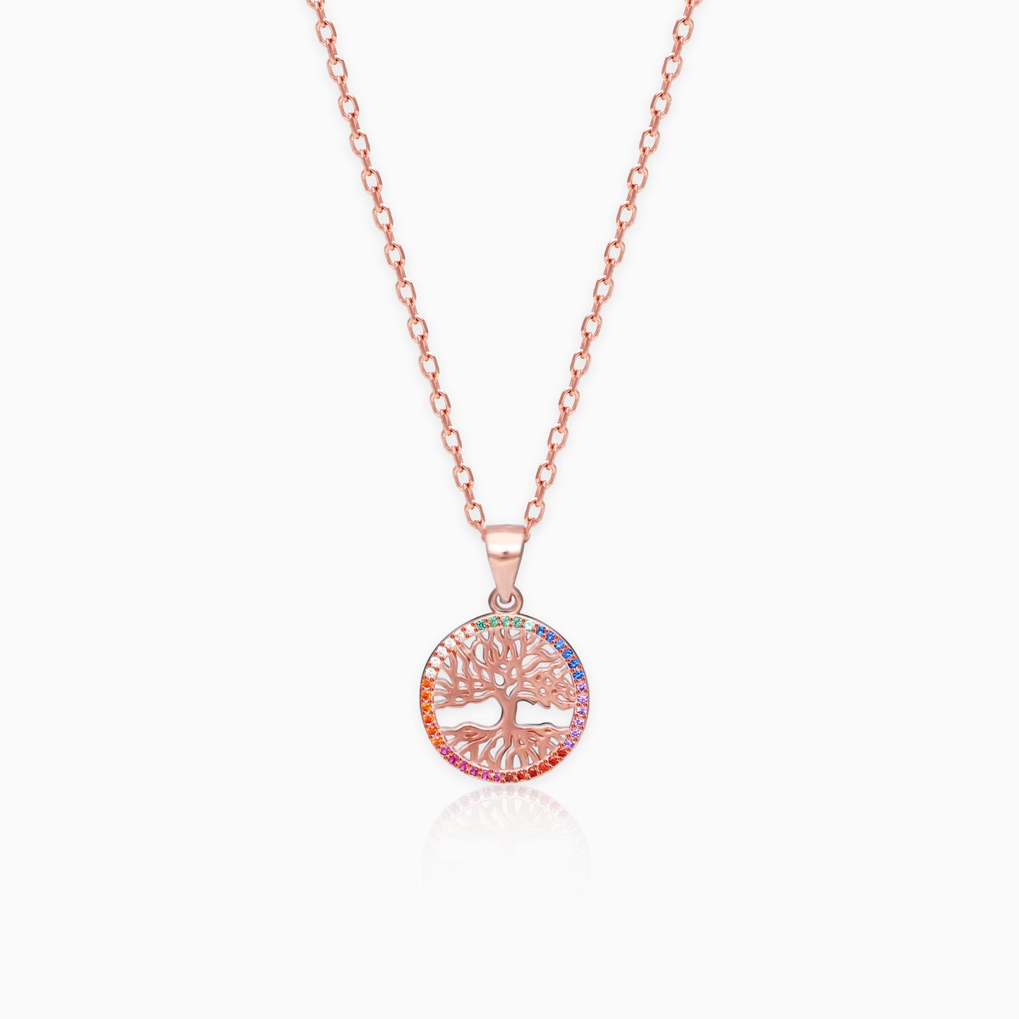 Rose Gold Rainbow Tree of Life Pendant with Link Chain